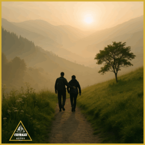 Two figures walk side by side along a misty mountain path at sunrise, one with an arm gently around the other. The scene glows with soft golden light, surrounded by rolling hills and a solitary tree, evoking warmth, empathy, and quiet companionship.